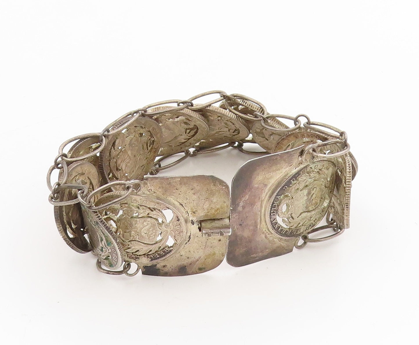 925 Sterling Silver Vintage Bracelet Antique Peruvian Cut Out Coin Link  BT11571