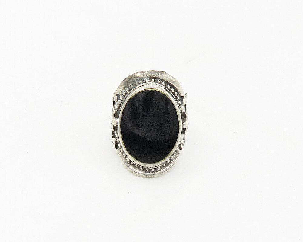 925 Silver  Vintage Black Onyx Floral Adjustable Cocktail Ring Sz 7.5  RG17553