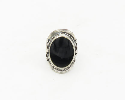 925 Silver  Vintage Black Onyx Floral Adjustable Cocktail Ring Sz 7.5  RG17553