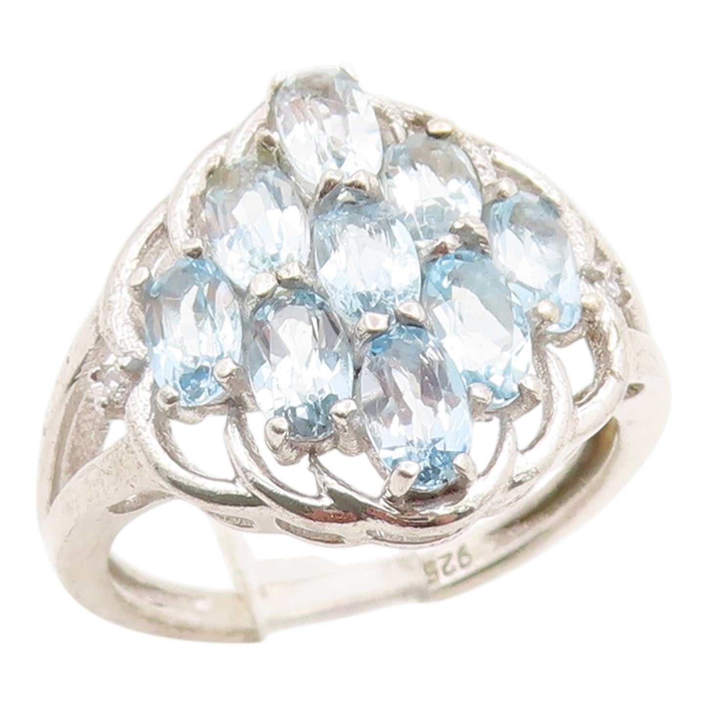 925 Sterling Silver Vintage Ring Oval Cut Blue Topaz Cluster Band  Sz 7  RG36180