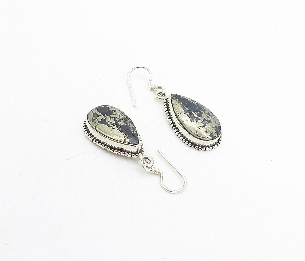 925 Sterling Silver  Vintage Black Onyx With Pyrite Tear Drop Earrings  EG3460