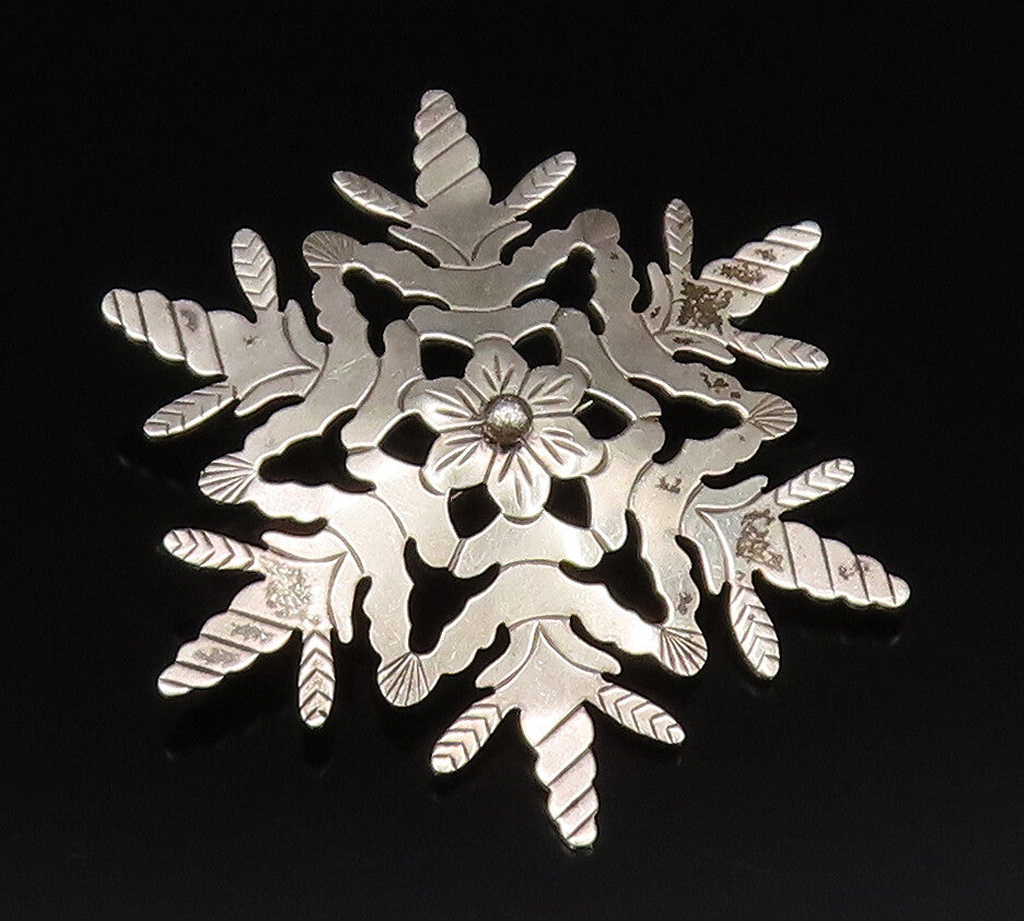 DESIGNER 925 Sterling Silver Vintage Floral Snowflake Dome Brooch Pin BP9865