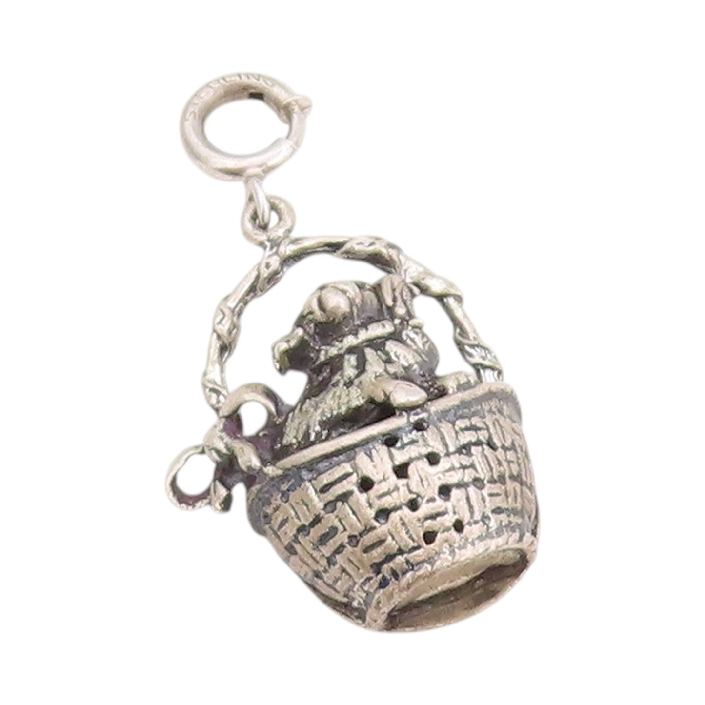 925 Sterling Silver Vintage Pendant Etched Bunny In Easter Basket Charm  PT24788