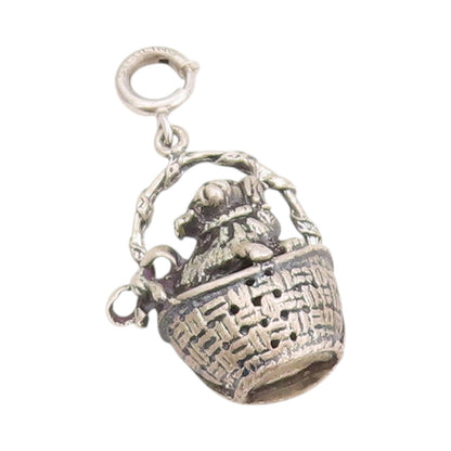 925 Sterling Silver Vintage Pendant Etched Bunny In Easter Basket Charm  PT24788