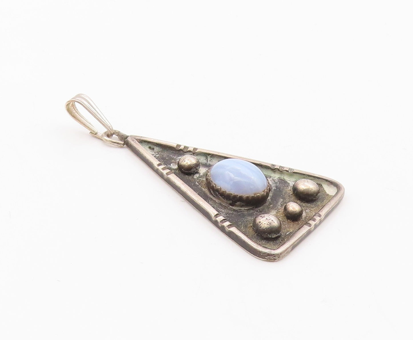 925 Sterling Silver Vintage Triangular Plate Beaded Chalcedony Pendant PT22211