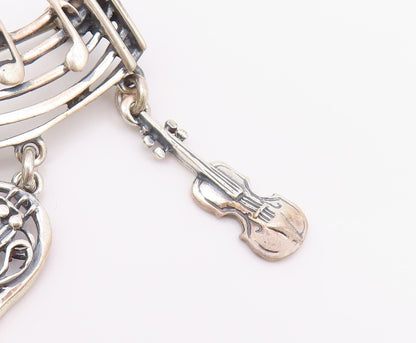 925 Sterling Silver Vintage Brooch Musical Notes & Dangling Instruments  BP11697