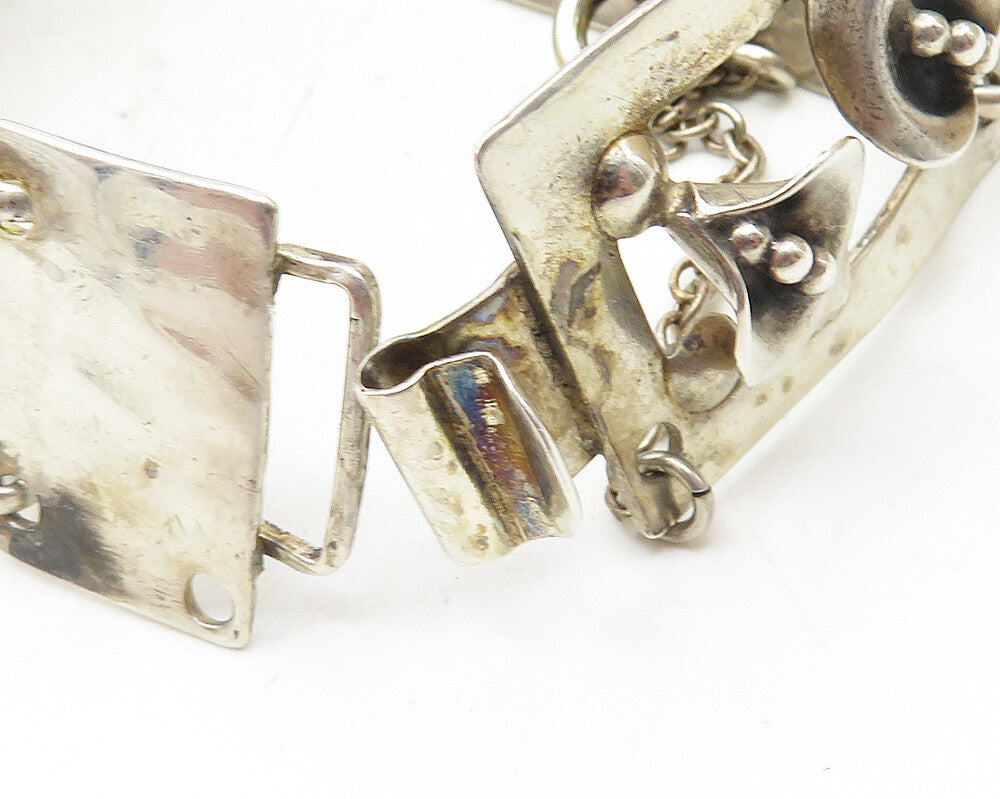 925 Sterling Silver  Vintage Flower Motif Square Link Chain Bracelet  BT4424