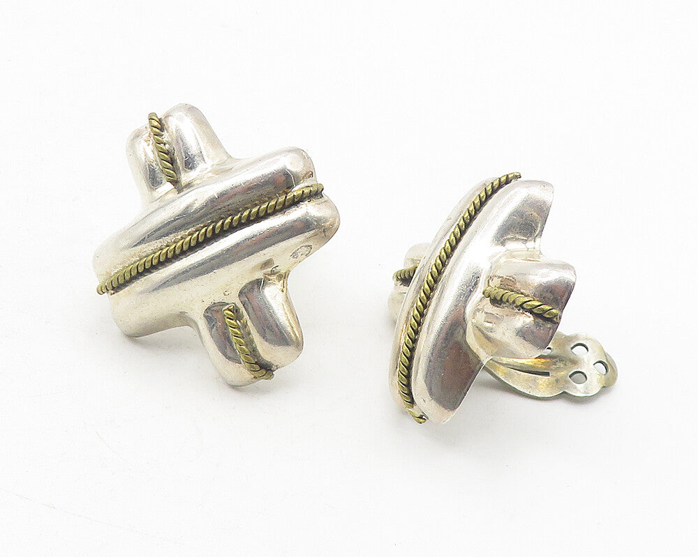 MEXICO 925 Silver  Vintage Two Tone Rope Twist Non Pierce Earrings  EG6030