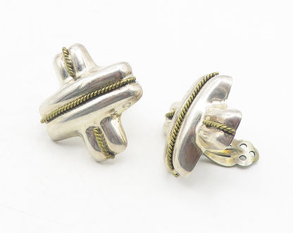 MEXICO 925 Silver  Vintage Two Tone Rope Twist Non Pierce Earrings  EG6030
