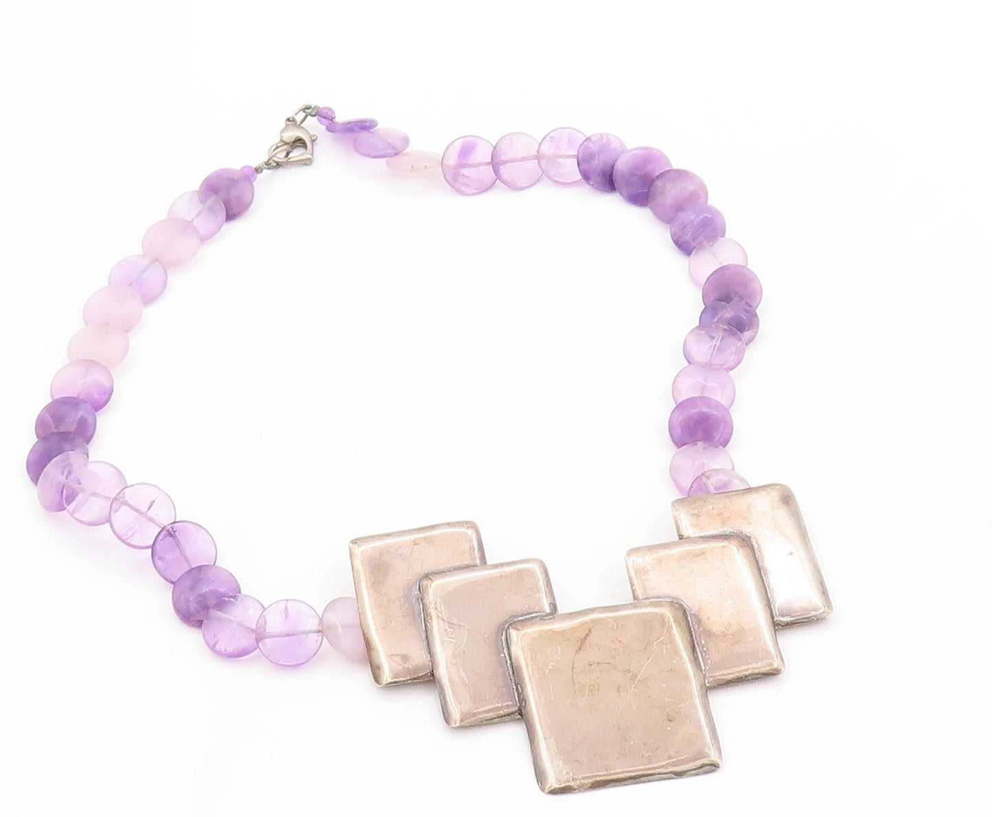 925 Sterling Silver Vintage Necklace Cubed Amethyst Graduated Setting NE4530