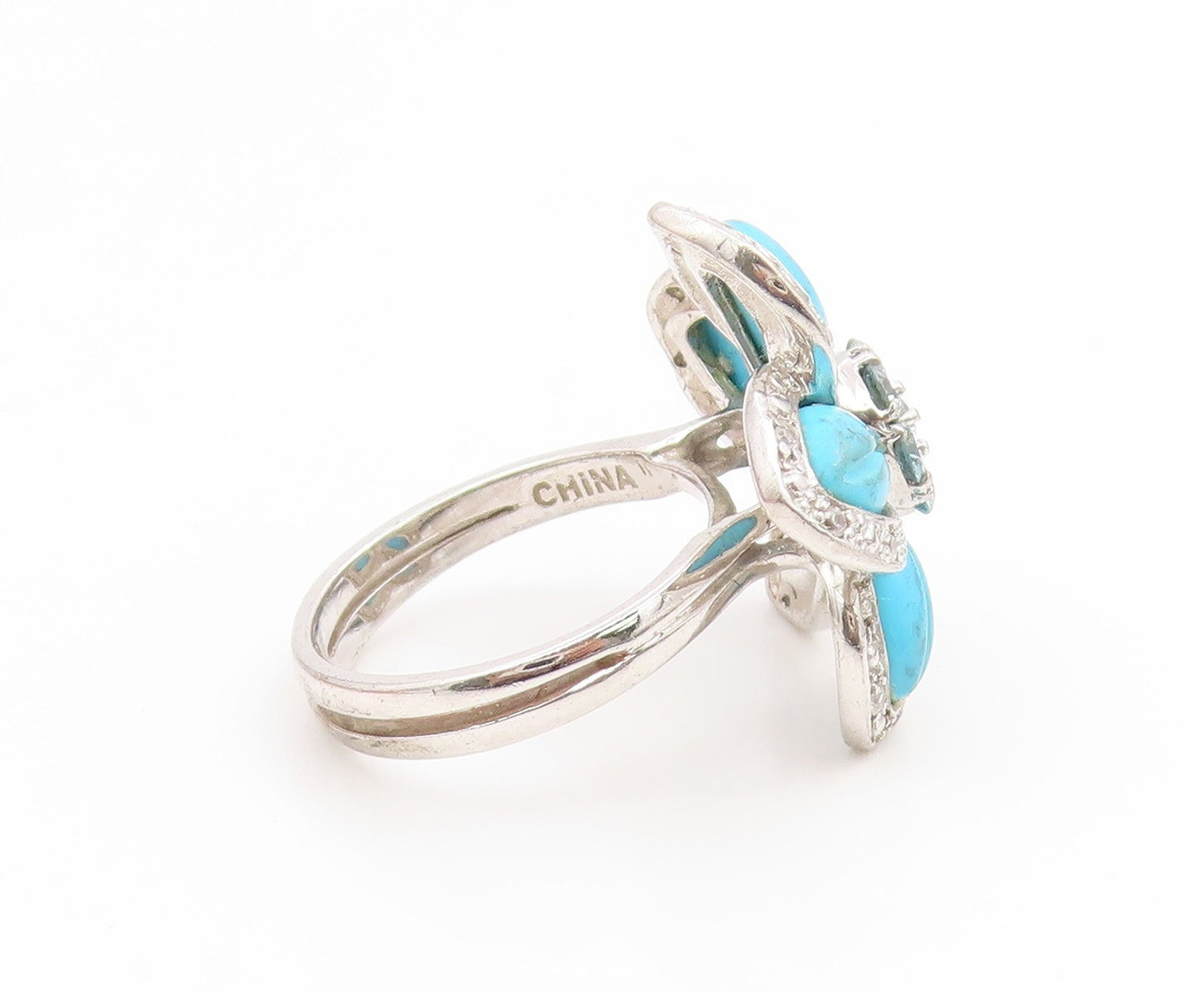 925 Sterling Silver Vintage Ring Real Diamonds & Topaz Floral Petal Sz 7 RG35237