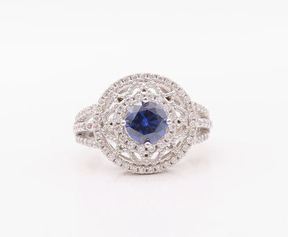 925 Sterling Silver Vintage Ring Round Cut Sapphire Star Cut CZ  Sz 7 RG30838