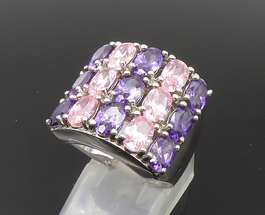 925 Sterling Silver  Vintage Pink Topaz & Amethyst Cocktail Ring Sz 7  RG24070