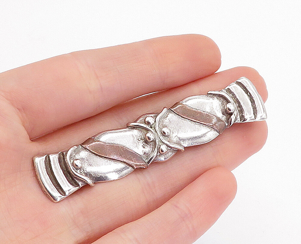 MEXICO 925 Sterling Silver  Vintage Shiny Two Tone Design Brooch Pin  BP1665