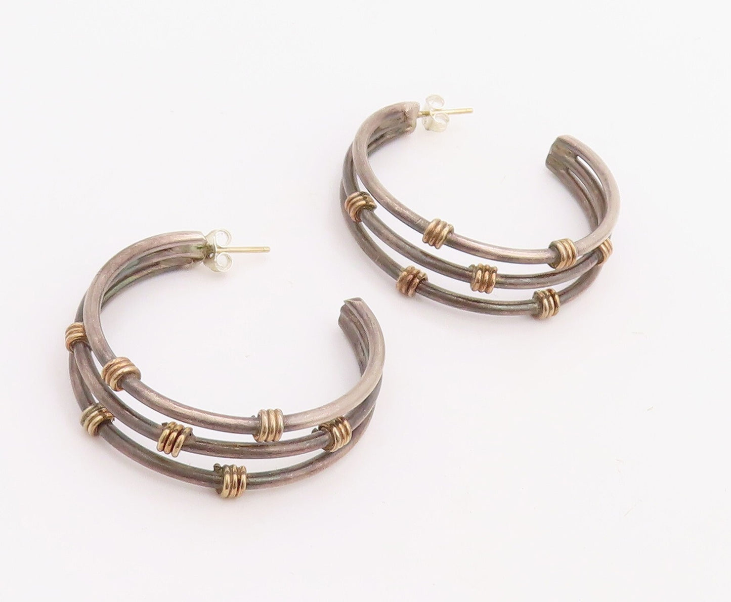 14k Gold 925 Sterling Silver Vintage Earrings Cutout Roped Open Hoops  EG13168