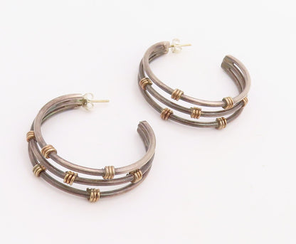 14k Gold 925 Sterling Silver Vintage Earrings Cutout Roped Open Hoops  EG13168