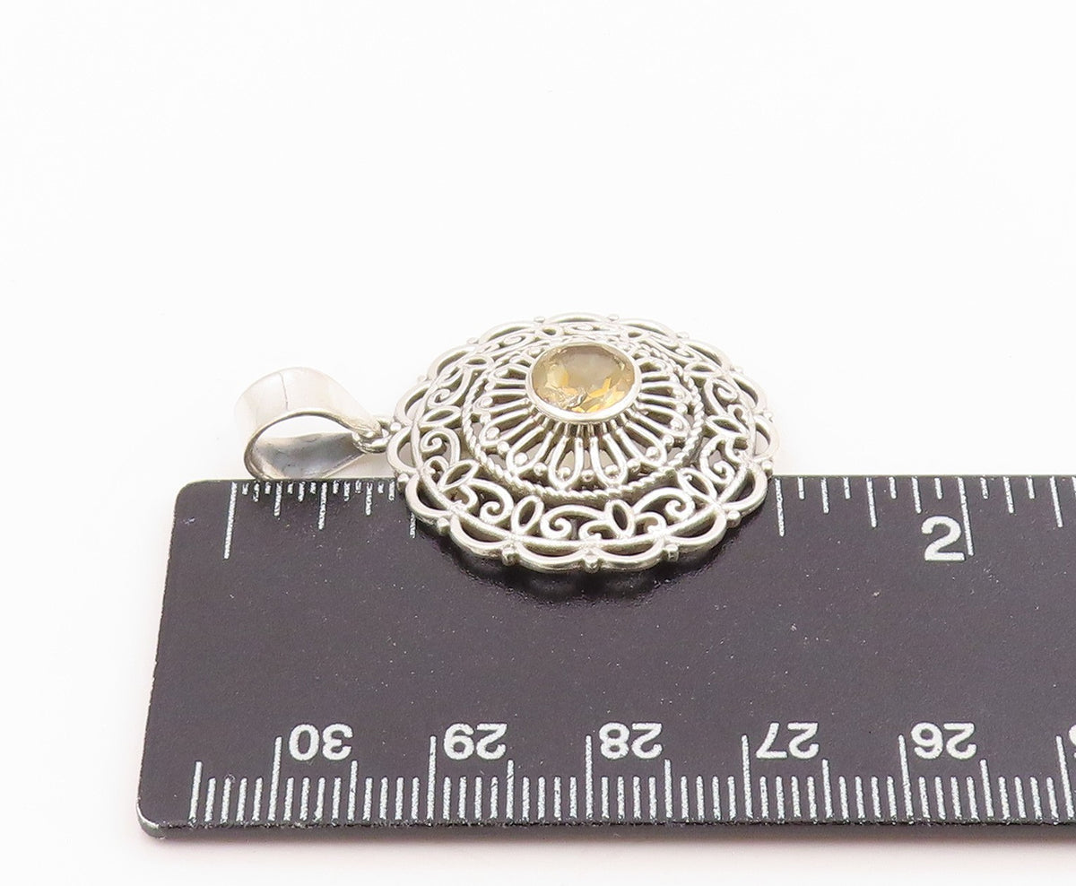 925 Sterling Silver Vintage Pendant Round Cut Citrine Openwork Charm  PT26240