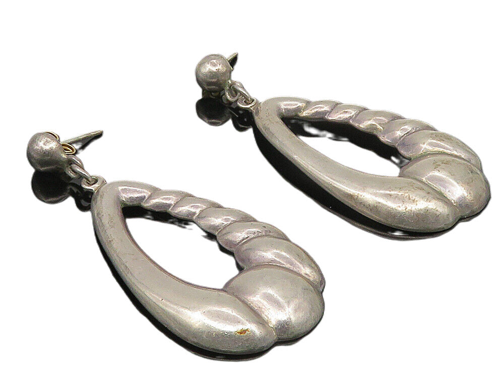 925 Sterling Silver  Vintage Shiny Fluted Open Design Drop Earrings  EG5498