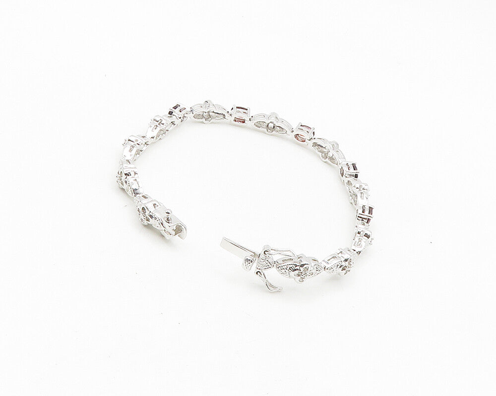 925 Sterling Silver  Genuine Diamond & Garnet Floral Chain Bracelet  BT7270