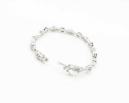 925 Sterling Silver  Genuine Diamond & Garnet Floral Chain Bracelet  BT7270