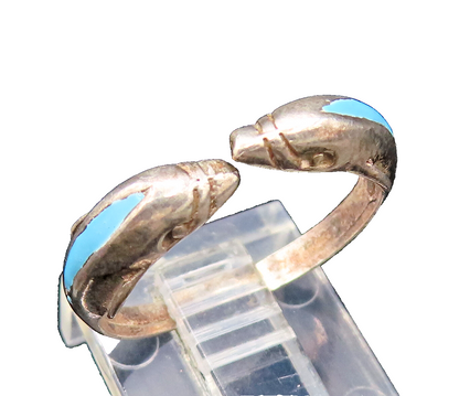 925 Sterling Silver  Vintage Dainty Two Blue Enamel Dolphin Ring Sz 7  RG26077