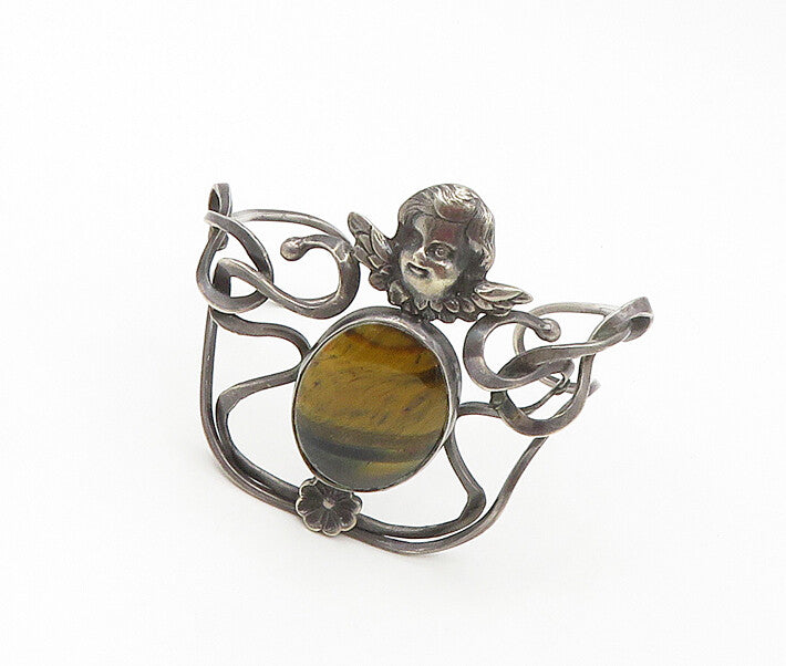 925 Sterling Silver Vintage Victorian Tiger's Eye Artistic Cuff Bracelet  BT6642