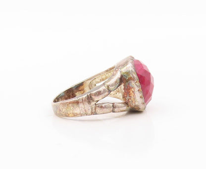 925 Sterling Silver Vintage Ring Split Band Square Red Gemstone  Sz 7  RG30301