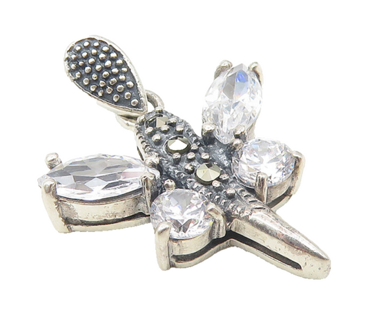 925 Silver  Vintage Cubic Zirconia & Marcasite Dragonfly Motif Pendant  PT9400