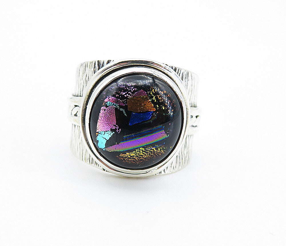 925 Sterling Silver  Dichroic Glass Dome Textured Cocktail Ring Sz 9 RG8195