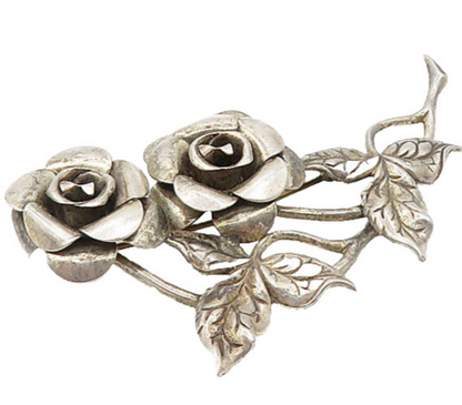 BEAU 925 Sterling Silver  Vintage Sculpted Rose Flowers Brooch Pin  BP3411