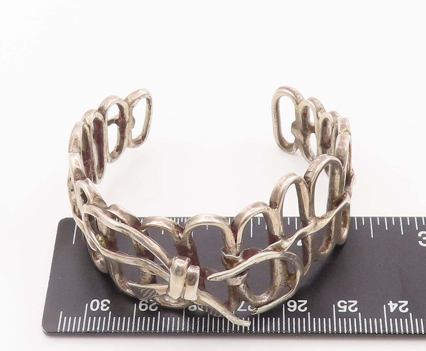 925 Sterling Silver Vintage Bracelet Solid Cutout Oval Ribboned Fence  BT10448