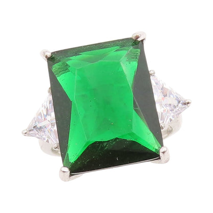 925 Sterling Silver Vintage Ring Rectangle Green & Triangle Cut CZ Sz 8  RG33196