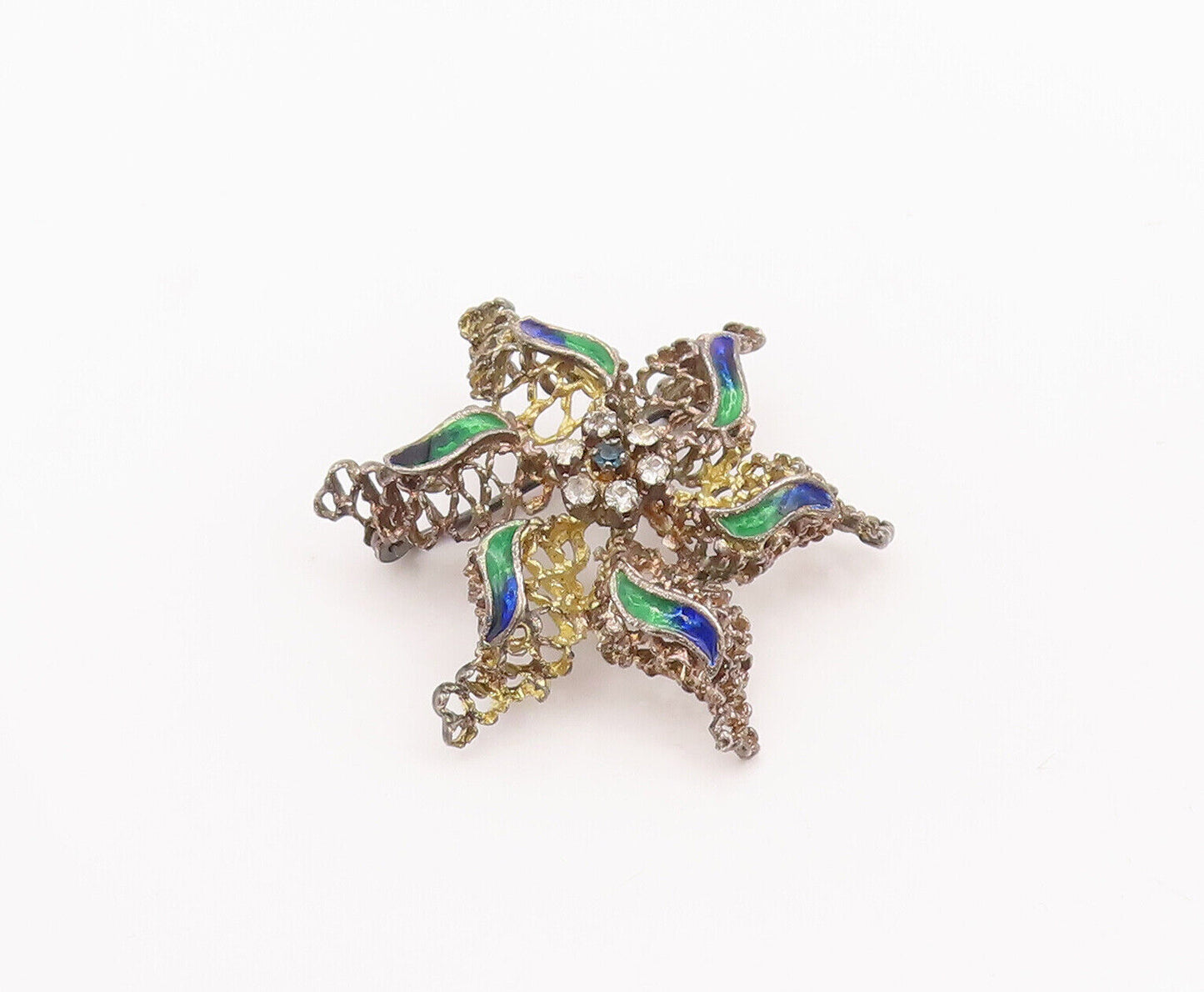 925 Sterling Silver Vintage Brooch Pin Brutalist Enameled Topaz Flower  BP10863