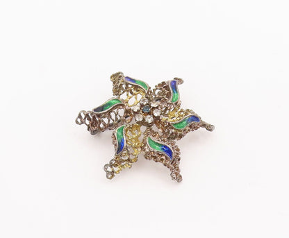 925 Sterling Silver Vintage Brooch Pin Brutalist Enameled Topaz Flower  BP10863