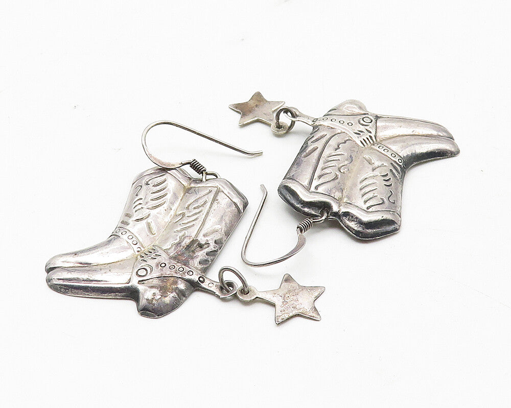 925 Sterling Silver  Vintage Pair Of Cowboy Boots Motif Drop Earrings  EG5876