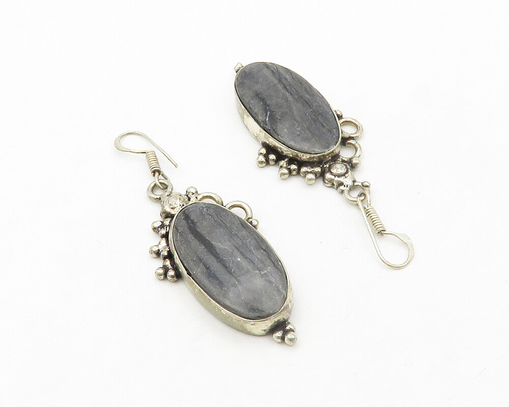 925 Sterling Silver  Vintage Grey Jasper Bubble Detail Dangle Earrings  EG7002