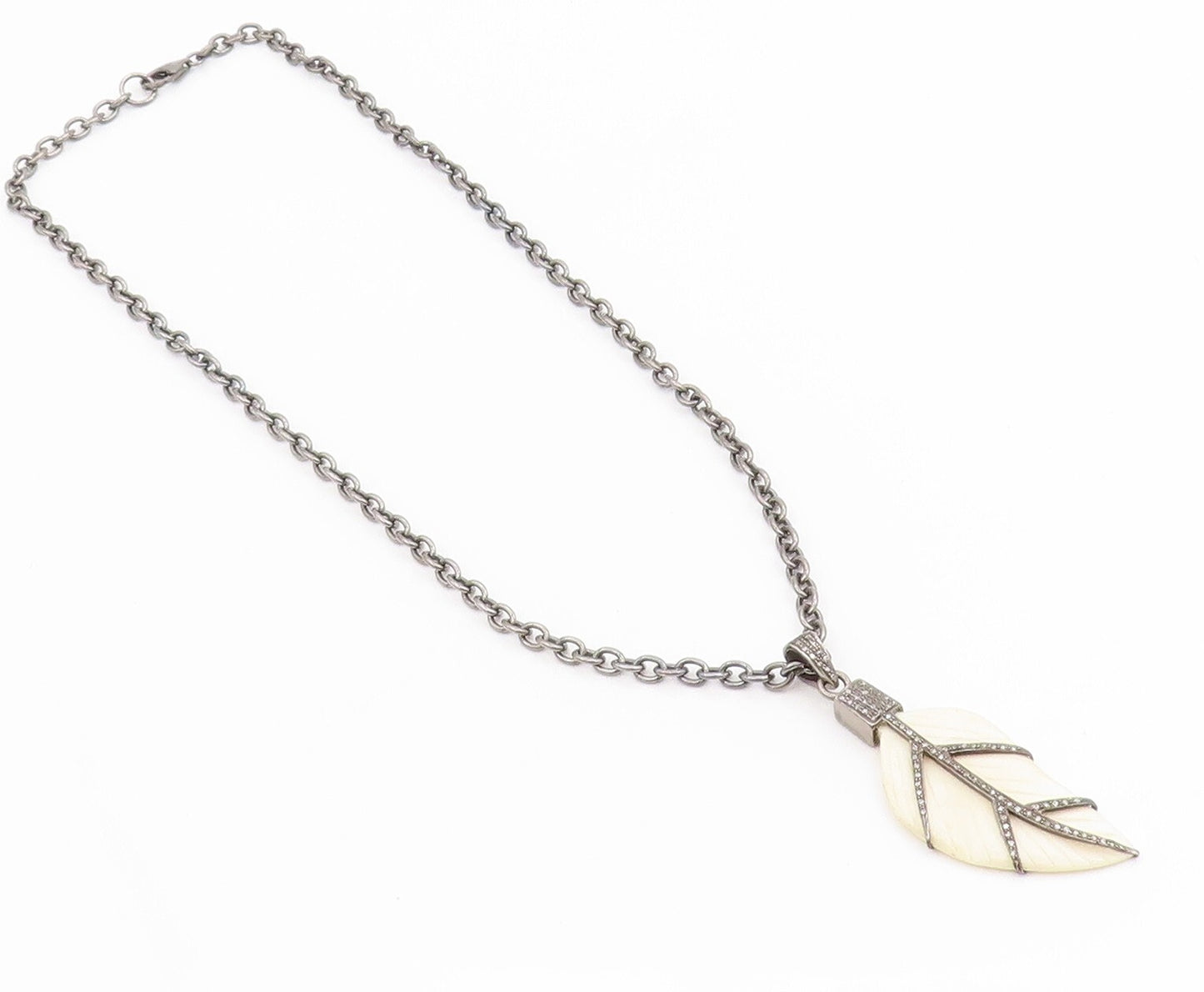 925 Sterling Silver Vintage Necklace Dark Tone Diamonds Inlay Leaf Carved NE4450