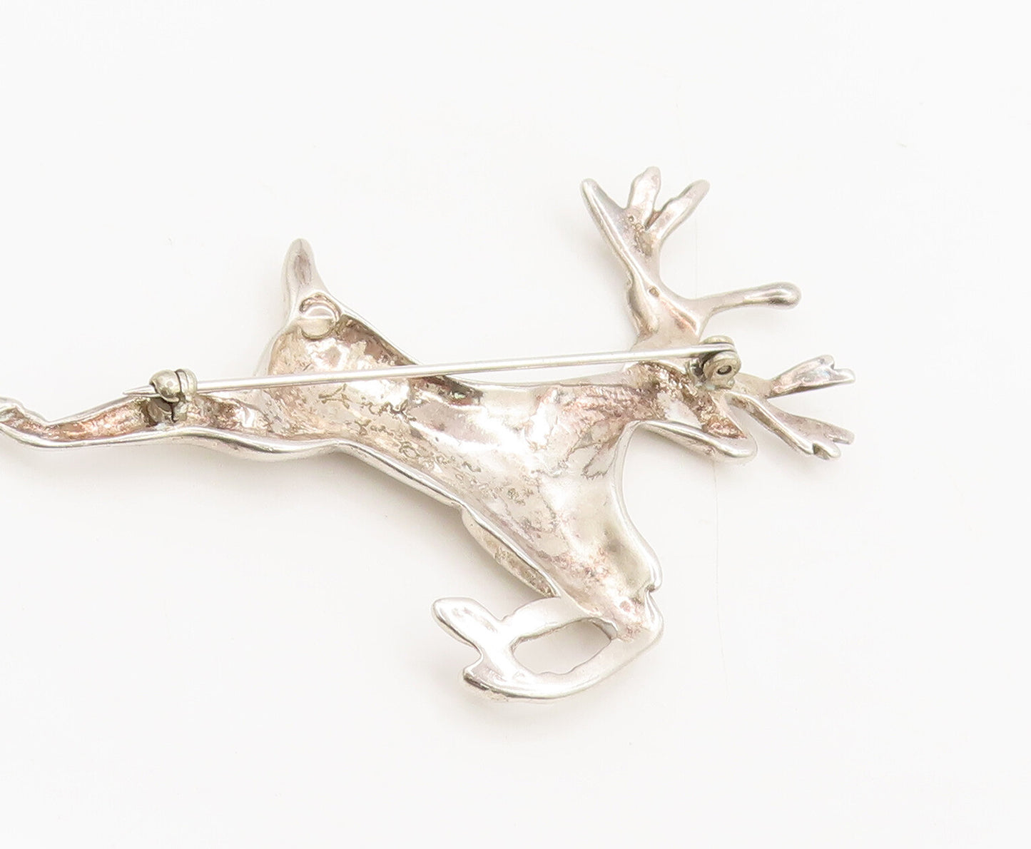 925 Sterling Silver  Vintage Designer Carved Running Deer Brooch Pin  BP10339
