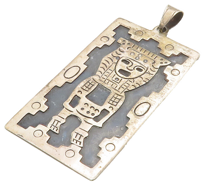 MEXICO 925 Silver  Vintage Oxidized Traditional Figure Square Pendant  PT10452