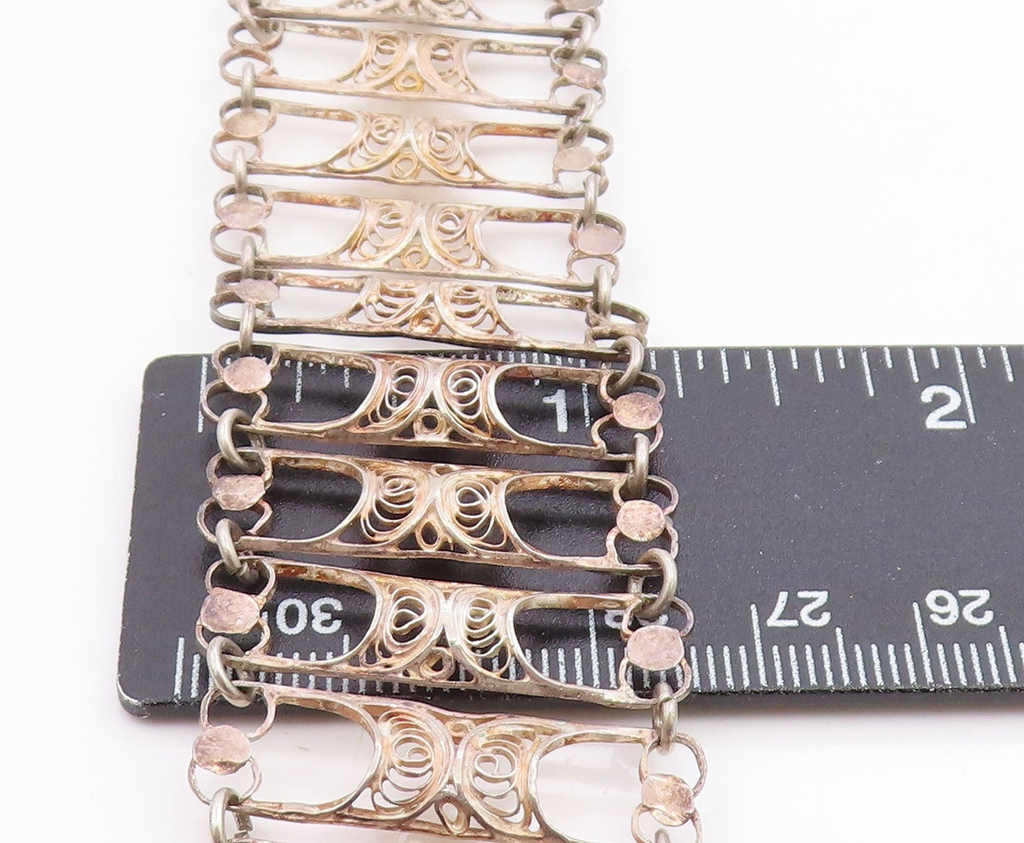 925 Sterling Silver Vintage Bracelet Intricate Filigree Wide Panel Link  BT12040