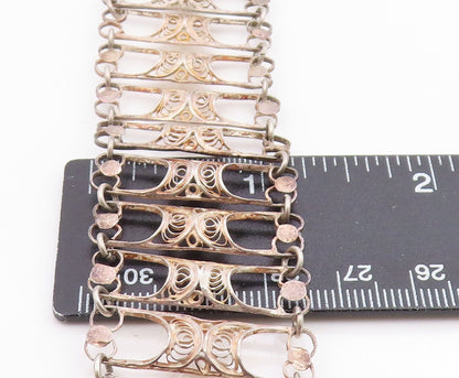 925 Sterling Silver Vintage Bracelet Intricate Filigree Wide Panel Link  BT12040