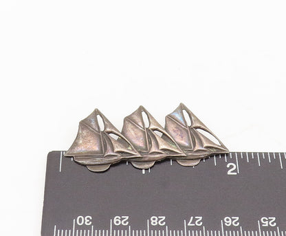 925 Sterling Silver Vintage Brooch Pin Carved Three Linked Sailor Boat  BP10554