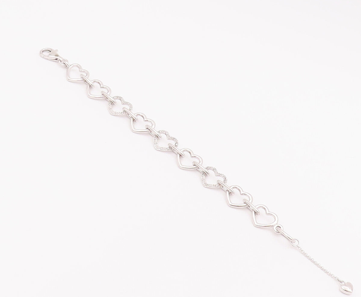 925 Sterling Silver Vintage Bracelet Cutout Real Diamonds Linked Hearts  BT10379