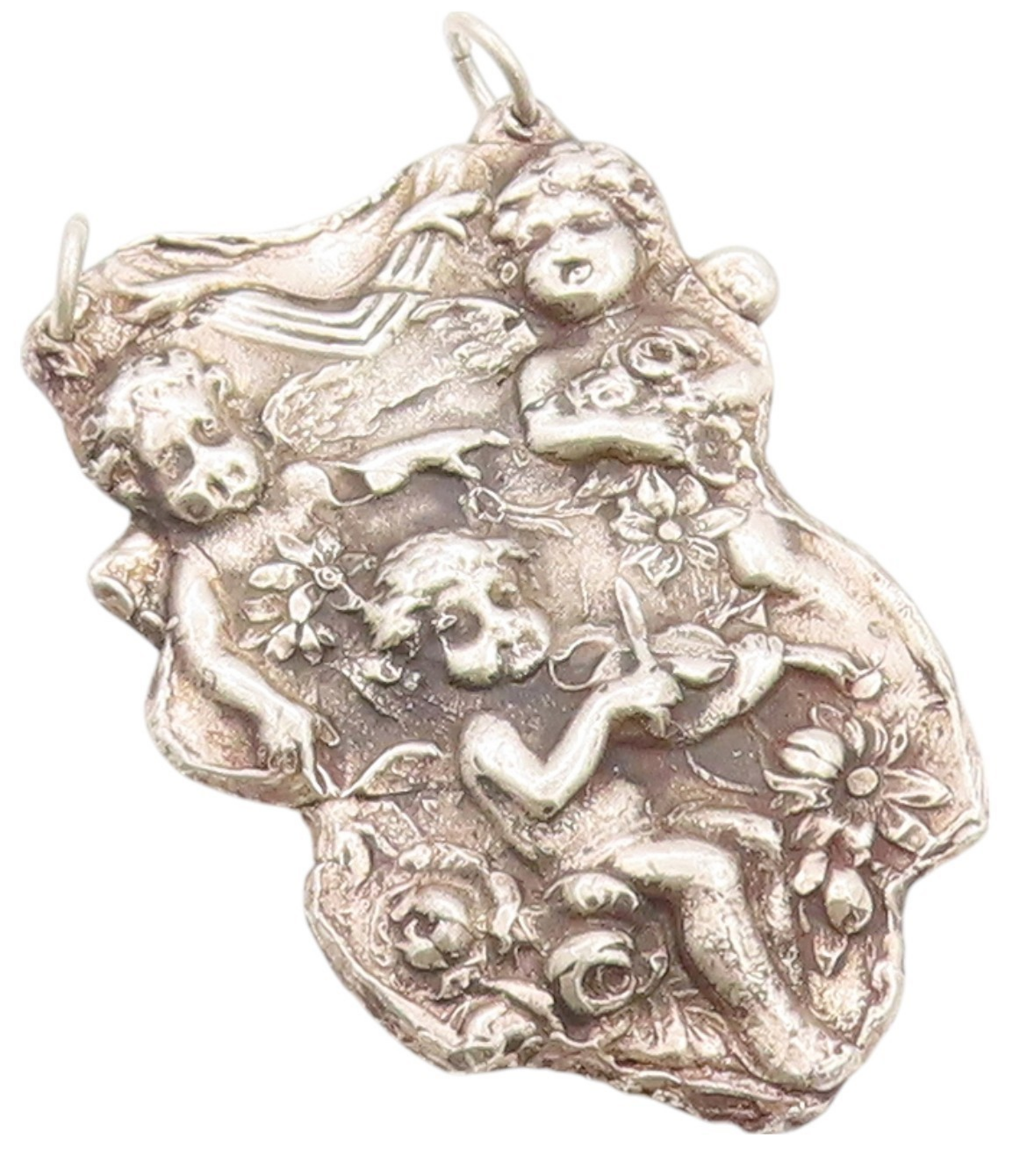 925 Sterling Silver Vintage Pendant Dark Tone Antique Cherubs Carved  PT24131
