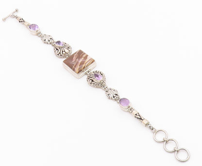 925 Sterling Silver  Vintage Brown Jasper & Amethyst Chain Bracelet  BT3896