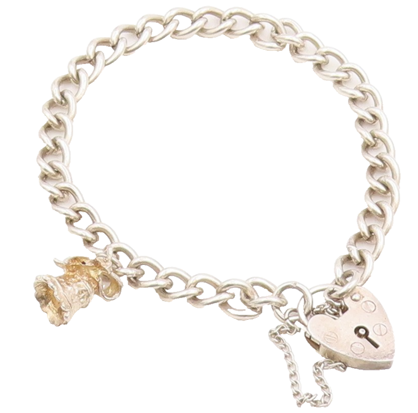 925 Sterling Silver Vintage Bracelet ENGLAND Heart Padlock & Bell Charm  BT11444