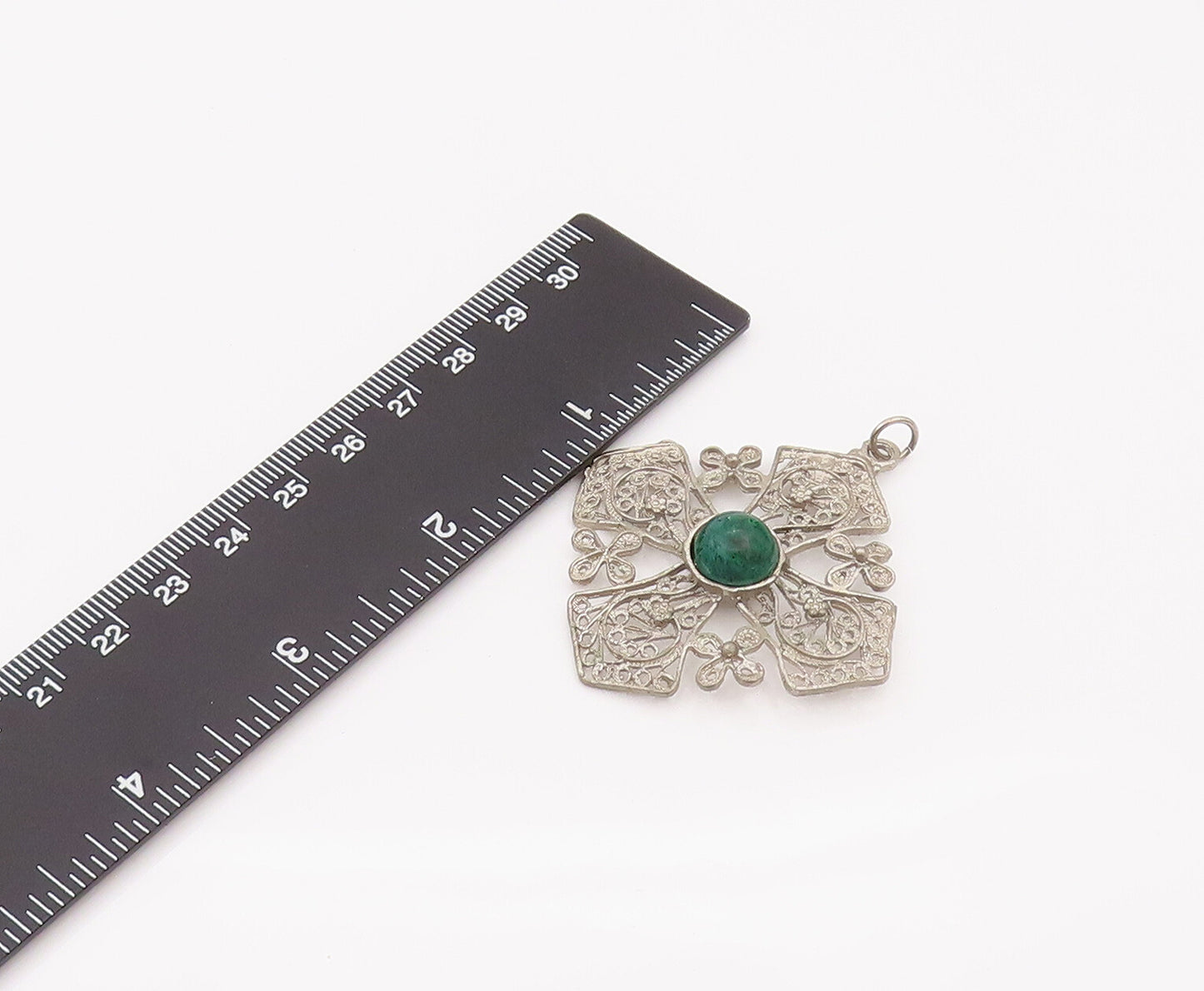 ISRAEL 925 Silver  Vintage Filigree  Swirl Chrysocolla Cross Pendant PT22121