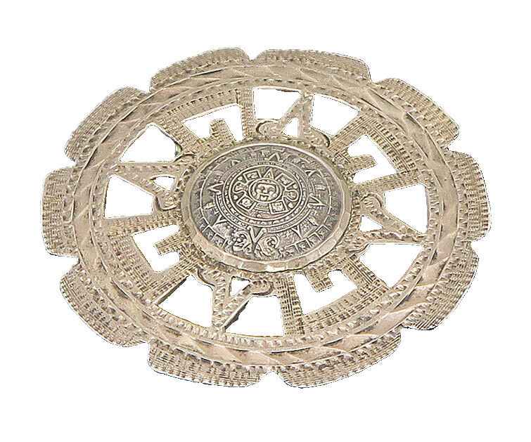 MEXICO 925 Sterling Silver  Vintage Round Aztec Tribal Brooch Pin  BP9461