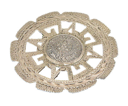 MEXICO 925 Sterling Silver  Vintage Round Aztec Tribal Brooch Pin  BP9461