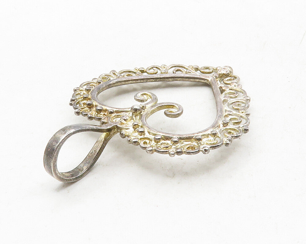 925 Sterling Silver  Vintage Open Love Heart Swirl Border Pendant  PT9846